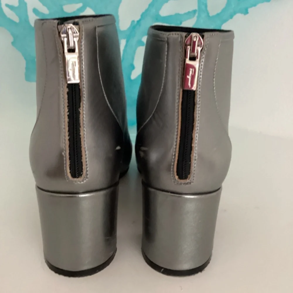 Salvatore Ferragamo Silver leather & Black fabric Chain-Link Accents Ankle Boots